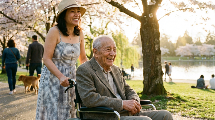 Ein älterer Herr im Rollstuhl wird von seiner Tochter durch einen sonnigen Park geschoben, beide wirken glücklich und unbeschwert
