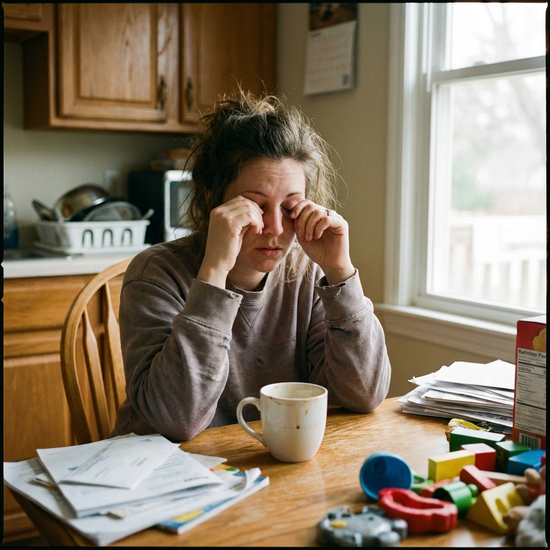 Sichtbar erschöpfte Frau reibt sich müde die Augen an einem Küchentisch