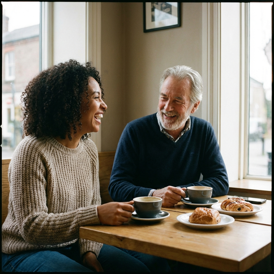 Gleiche Frau sitzt entspannt und lachend bei einer Tasse Kaffee mit einem älteren Herrn