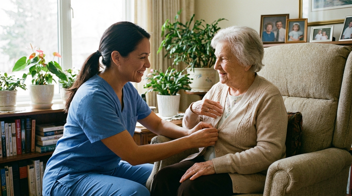 Freundliche Pflegerin in Berufskleidung hilft einer älteren Dame geduldig beim Richten der Kleidung