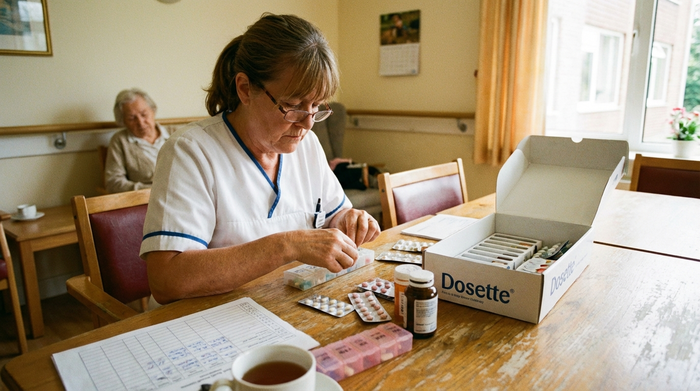 Pflegerin sortiert konzentriert Medikamente an einem Tisch