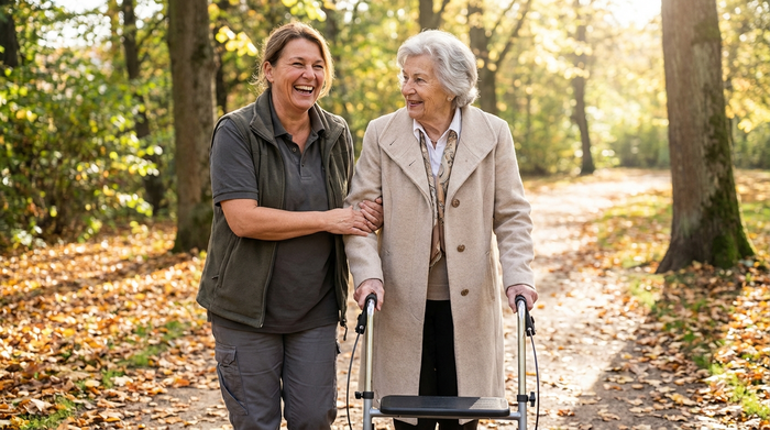 Betreuungskraft spaziert entspannt gemeinsam mit einer Seniorin