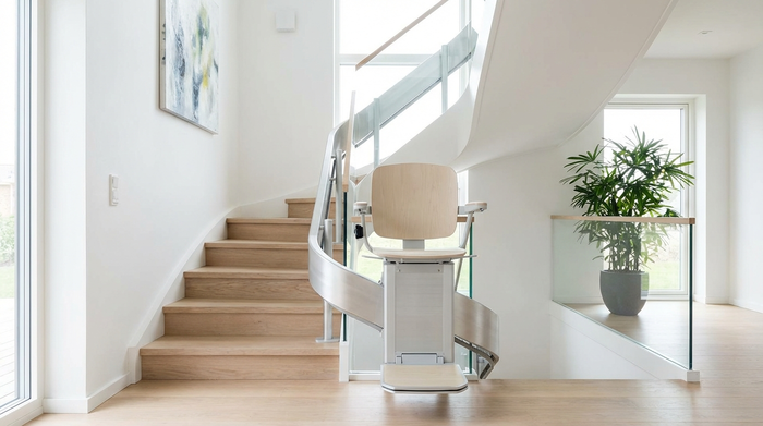 Moderner Treppenlift in einem hellen, aufgeräumten Treppenhaus