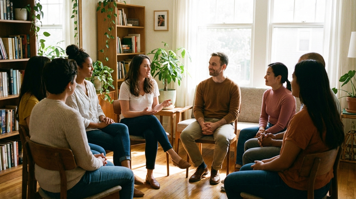 Menschen sitzen in einem Stuhlkreis und tauschen sich in ruhiger und verständnisvoller Atmosphäre aus