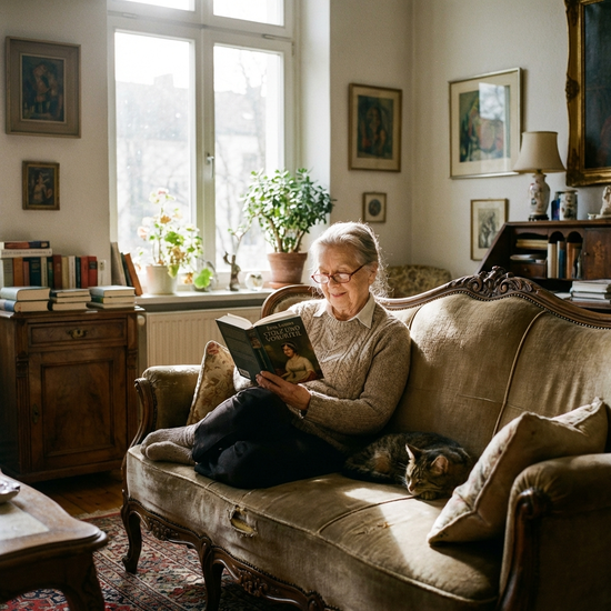Ältere Dame liest entspannt ein Buch auf dem Sofa im Wohnzimmer