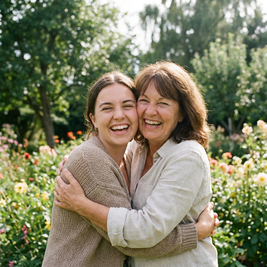 Tochter und Mutter umarmen sich herzlich und lächelnd