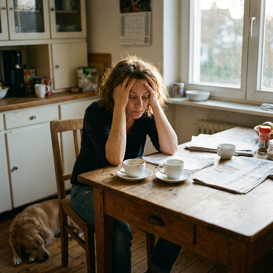 Erschöpfte Frau sitzt nachdenklich am Tisch und stützt den Kopf in die Hände