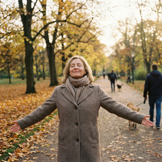 Frau atmet bei einem Spaziergang im Park tief durch und lächelt entspannt