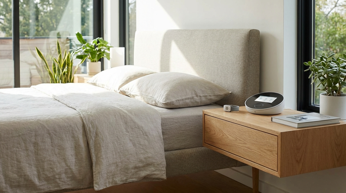 Modernes Hausnotruf-Gerät auf einem Nachttisch neben einem Bett