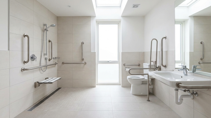 Helles, barrierefreies Badezimmer mit bodengleicher Dusche und Haltegriffen