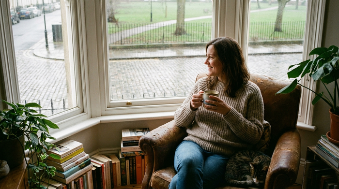 Frau sitzt entspannt mit einer Tasse Kaffee am Fenster und blickt nach draußen