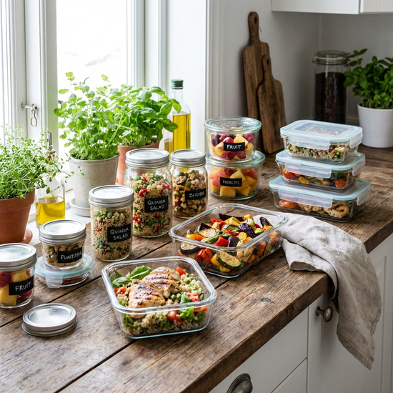 Frische, gesunde Mahlzeiten in Vorratsdosen auf einer Küchenzeile