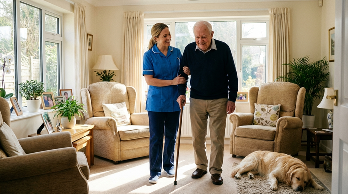 Freundliche Pflegekraft begleitet älteren Herrn bei einem sicheren Spaziergang im hellen Wohnzimmer