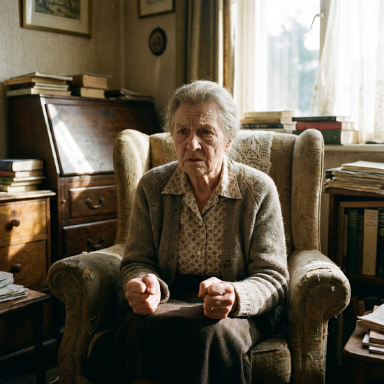 Ältere Dame sitzt angespannt in einem Sessel