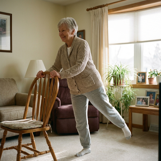 Seniorin macht leichte Gleichgewichtsübungen an einer Stuhllehne
