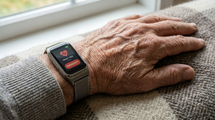 Nahaufnahme eines modernen Hausnotruf-Armbands am Handgelenk eines Seniors
