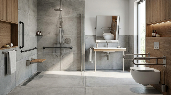 Modernes, barrierefreies Badezimmer mit bodengleicher Dusche und Haltegriffen