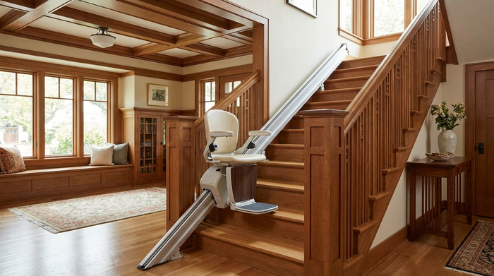 Eleganter Treppenlift an einer geraden Holztreppe im Einfamilienhaus