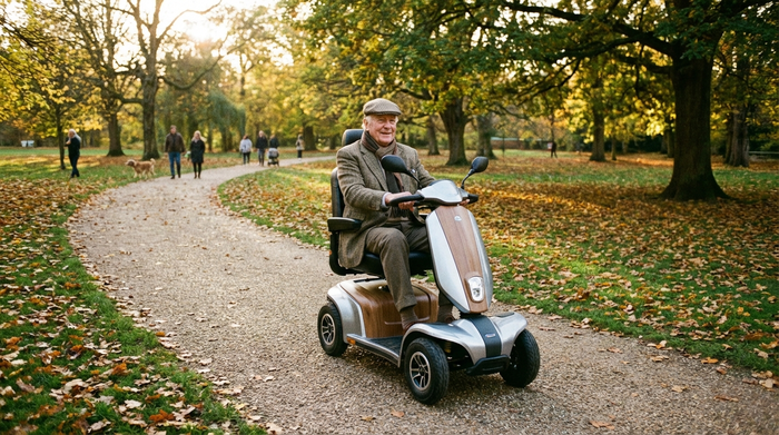 Senior fährt entspannt mit einem modernen Elektromobil auf einem Parkweg