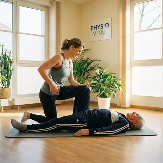 Physiotherapeutin unterstützt Senior bei sanften Dehnübungen auf einer Gymnastikmatte