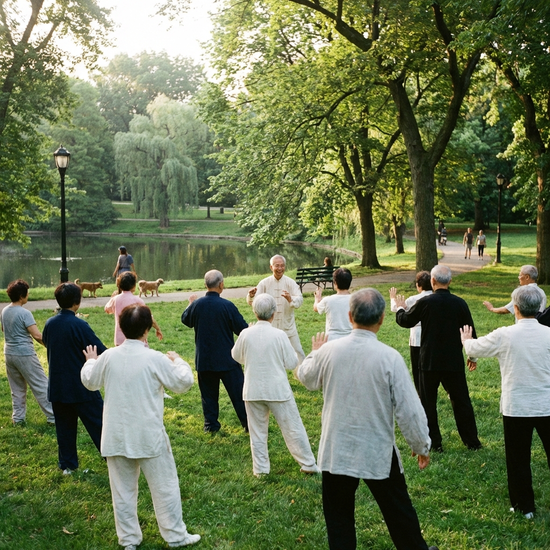 Seniorengruppe bei ruhigen Tai-Chi-Bewegungen im Park