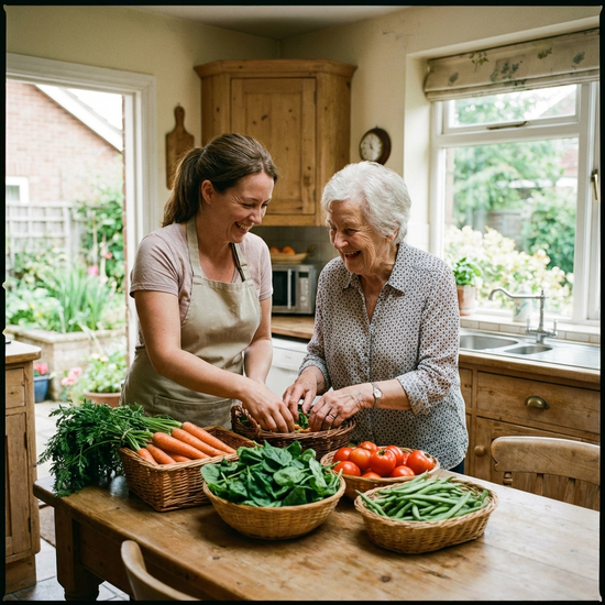Hauswirtschaftshilfe und Seniorin sortieren gemeinsam frisches Gemüse