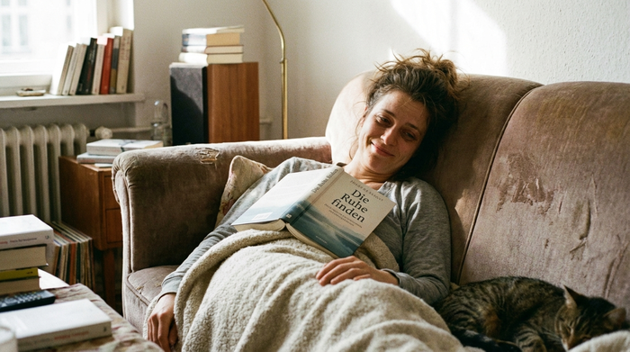 Erschöpfte aber lächelnde Frau entspannt sich mit einem Buch auf dem Sofa