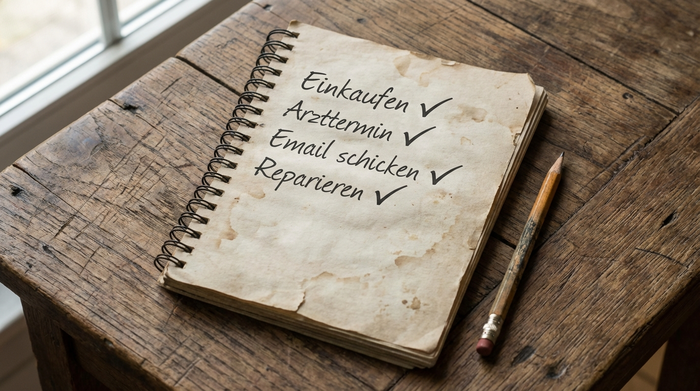 Notizblock mit abhakten Punkten und ein Stift auf einem Holztisch