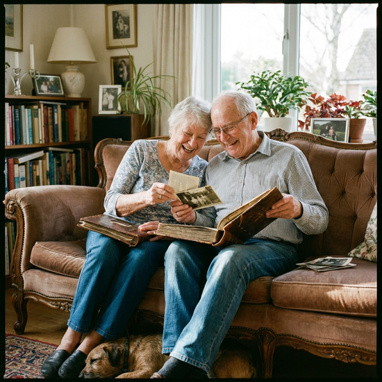 Seniorenpaar betrachtet alte Fotoalben auf dem Sofa