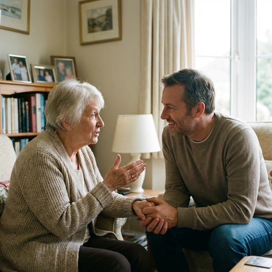 Erwachsener Sohn hört seiner älteren Mutter aufmerksam zu