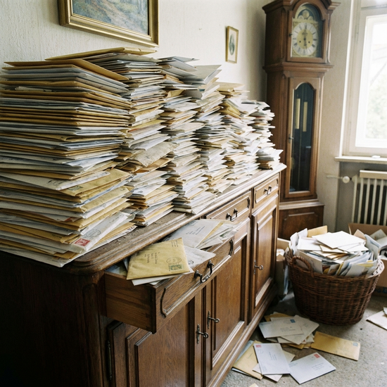 Ungeöffnete Briefe stapeln sich auf einer Anrichte