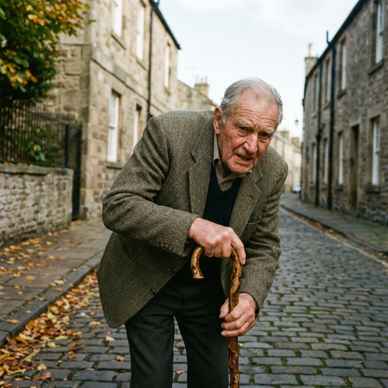 Älterer Herr stützt sich beim Gehen auf einen Gehstock