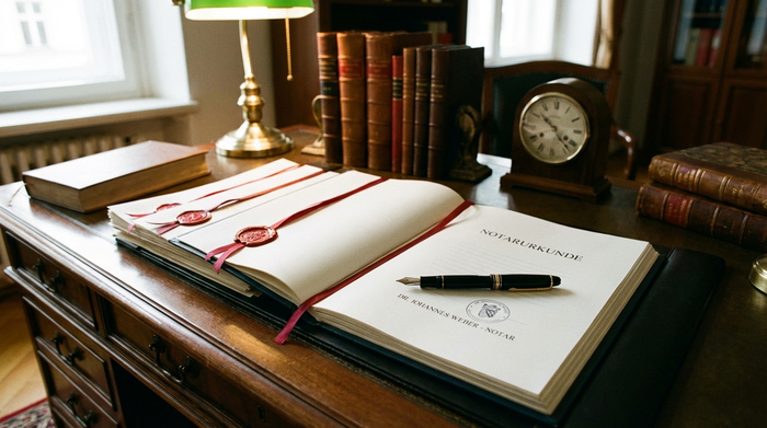 Notarielle Dokumente und ein Füller liegen ordentlich auf einem Schreibtisch