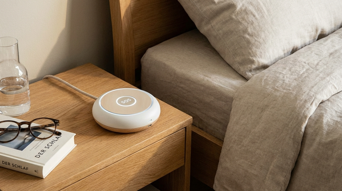 Modernes Hausnotruf-Gerät auf einem Nachttisch neben dem Bett