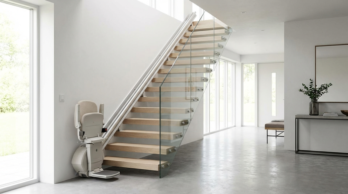 Heller Flur mit einem modernen, unauffälligen Treppenlift