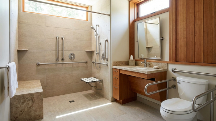 Barrierefreies Badezimmer mit bodengleicher Dusche und Haltegriff