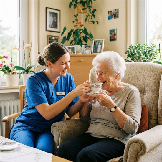 Freundliche Pflegekraft in Berufskleidung hilft Seniorin beim Teetrinken