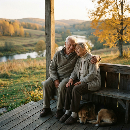 Älteres Ehepaar sitzt ruhig auf einer Veranda, der Mann legt sanft den Arm um seine Frau, friedliche Natur im Hintergrund
