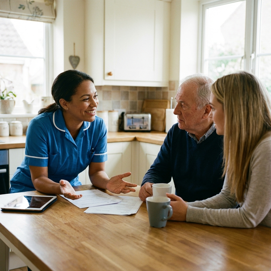 Professionelle Pflegekraft bespricht sich am Küchentisch mit Angehörigen, offene und zugewandte Körperhaltung