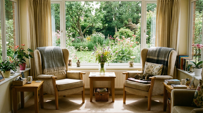 Helles, freundlich eingerichtetes Zimmer in einem Hospiz mit bequemen Sesseln, Blumen auf dem Tisch und Blick in einen Garten, ohne medizinische Geräte im Vordergrund