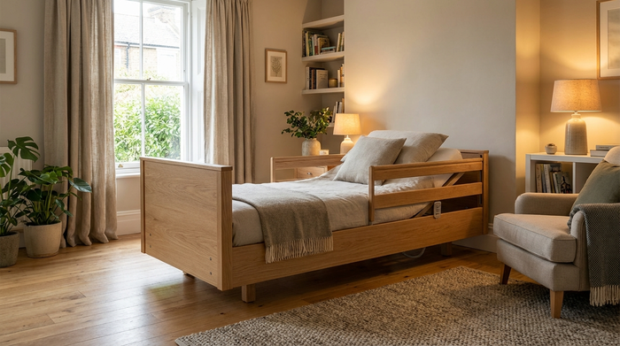 Modernes, elektrisch verstellbares Pflegebett aus Holz in einem wohnlichen Schlafzimmer