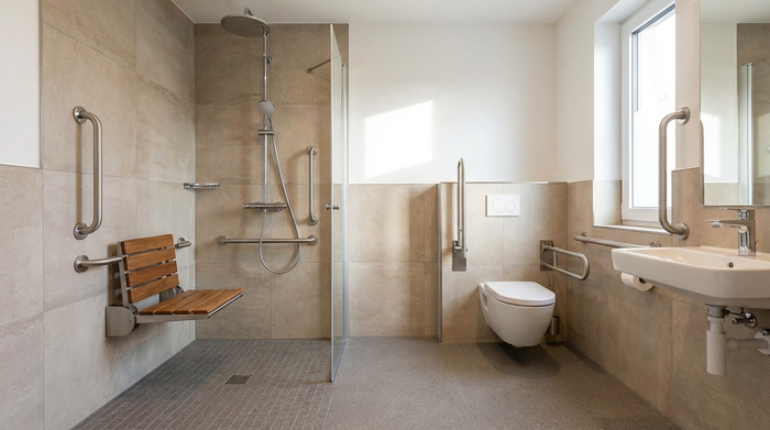 Barrierefreies Badezimmer mit bodengleicher Dusche und sicherem Duschsitz