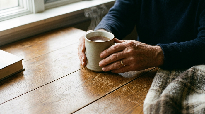 Zwei Hände halten sich tröstend über einer Tasse Tee auf einem Holztisch