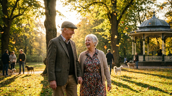 Lächelndes Seniorenpaar geht Hand in Hand durch einen sonnigen Park