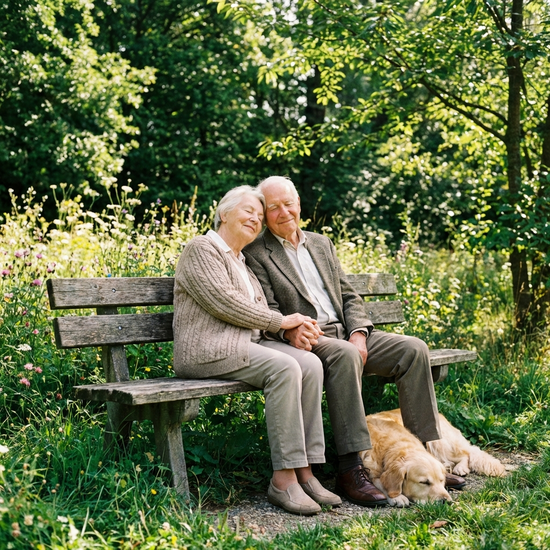 Friedliches Seniorenpaar sitzt auf einer Parkbank im Grünen