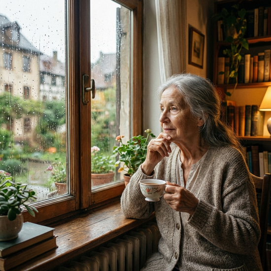 Ältere Dame blickt nachdenklich und ruhig aus dem Fenster