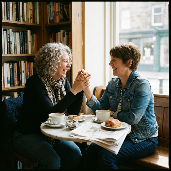 Zwei Frauen im vertrauten Gespräch bei einer Tasse Kaffee