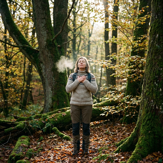 Frau atmet tief durch bei einem Spaziergang im Wald