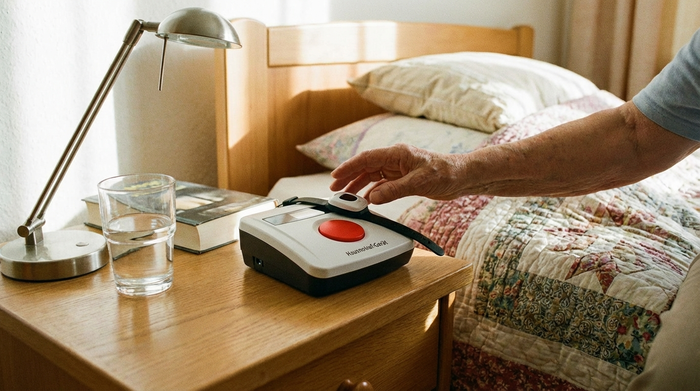 Hausnotruf-Gerät auf einem Nachttisch neben dem Bett