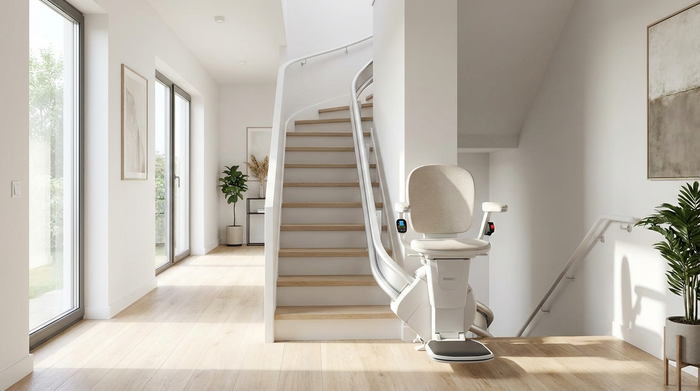 Moderner Treppenlift in einem hellen, barrierefreien Flur